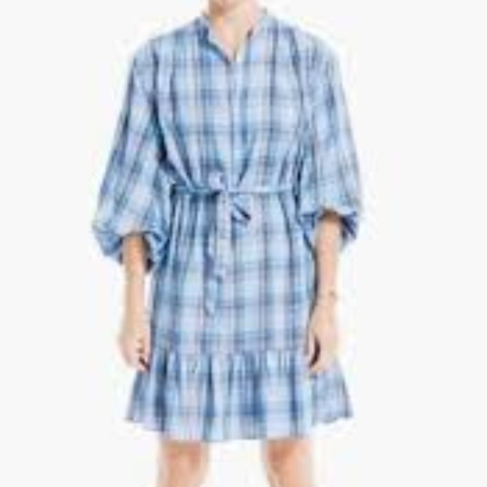 Max Studio Plaid Tier Dress L Blue Bubble Sleeve 104A